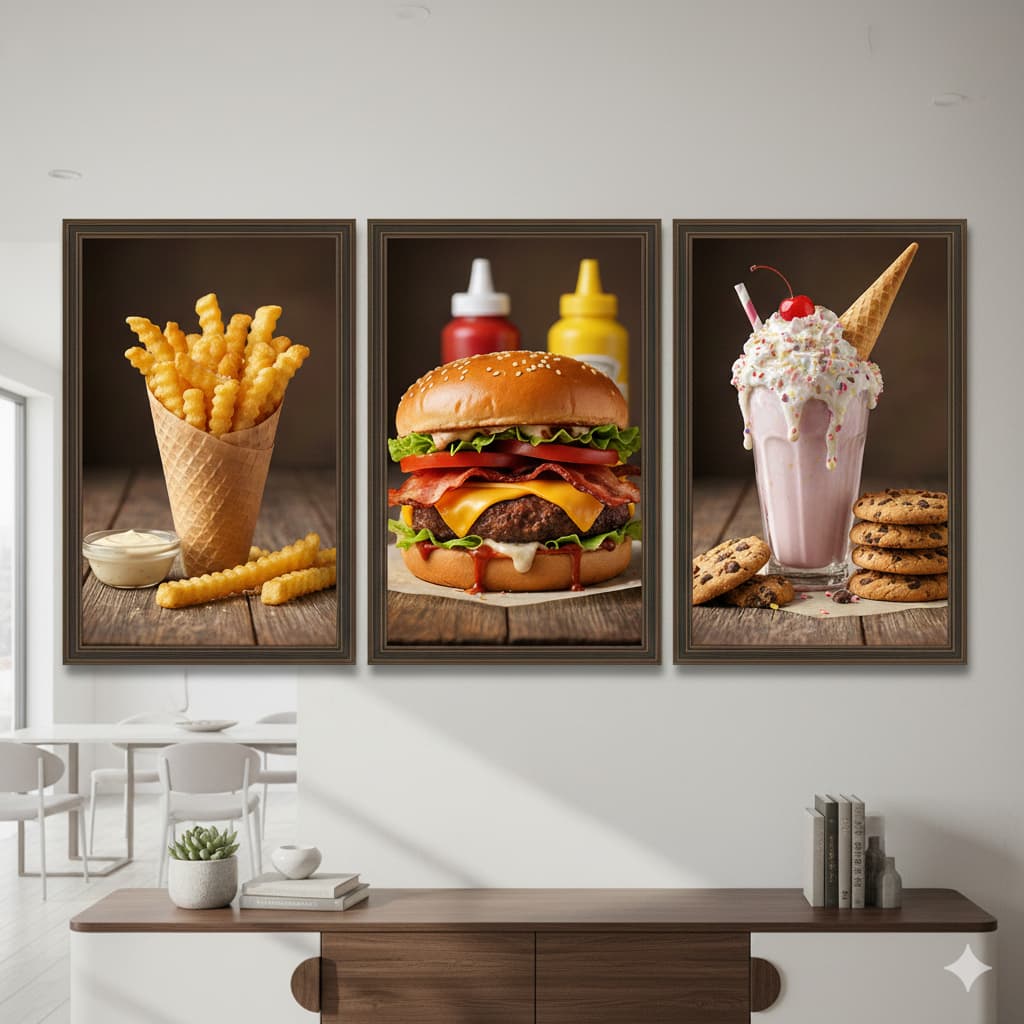 Kit Quadro Decorativos 3 peças Lanche Gourmet Lanchonete Hambúrguer