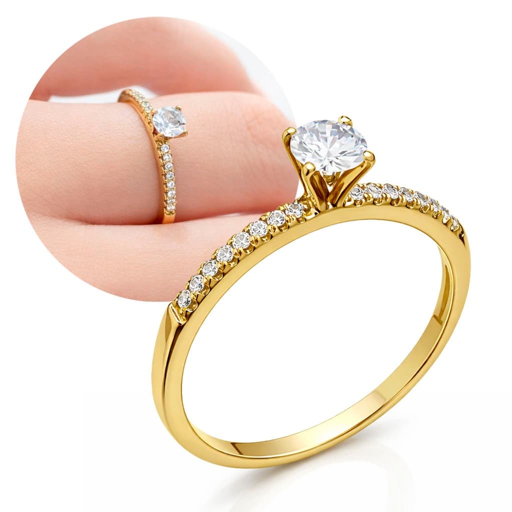 Anel Solitário Feminino Moeda Antiga Dourado com Zircônias Brilhantes