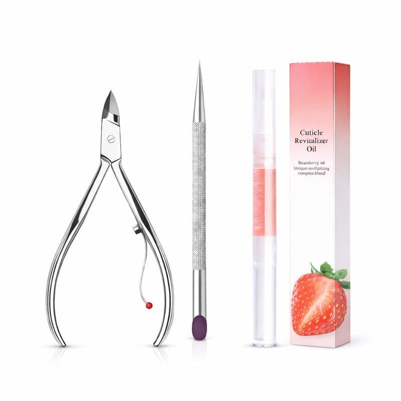 Kit Manicure Alicate de Unha +  Palito Desencravador Aço Inox  + Óleo Hidratante de Cutículas