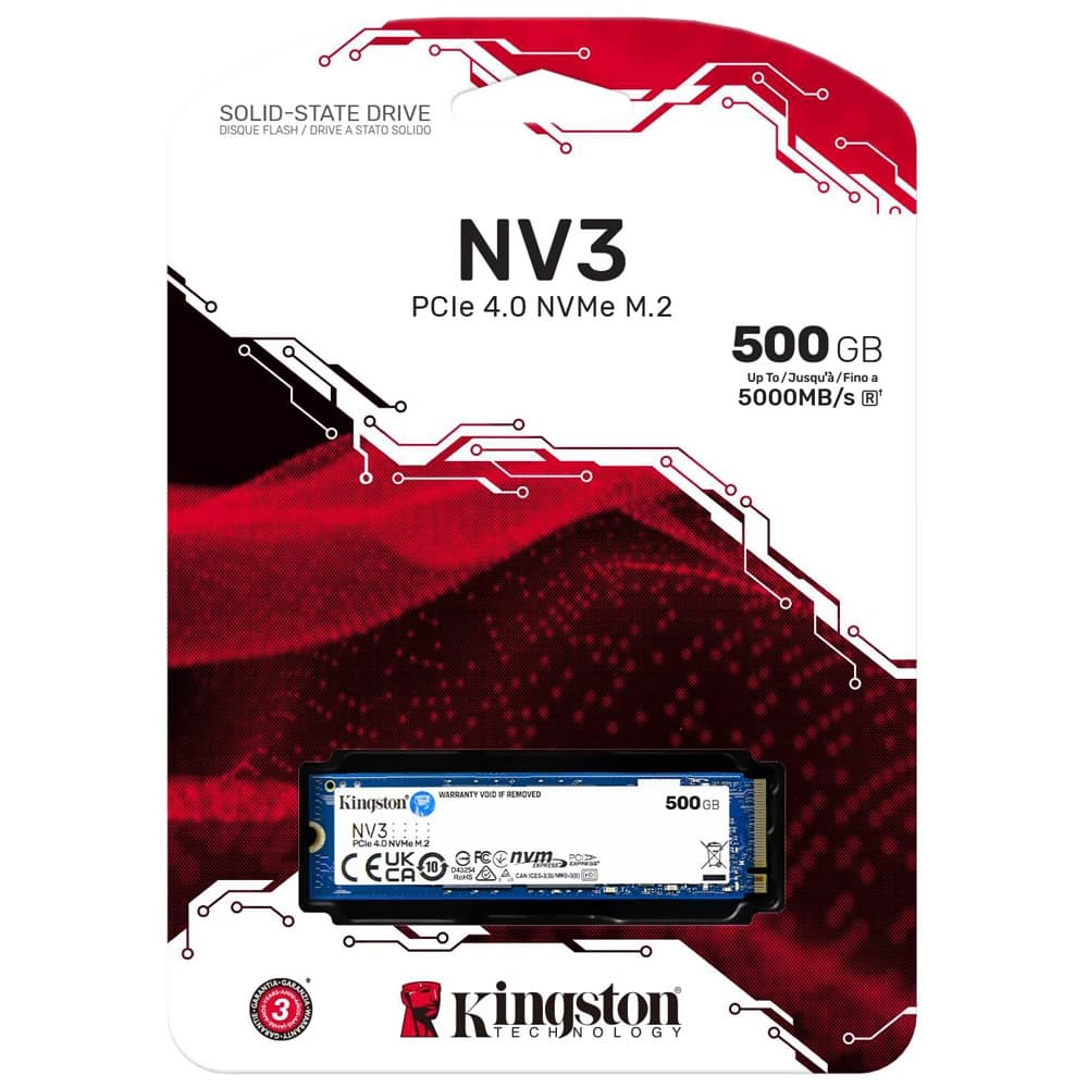 Kingston SSD 500 GB NV3 M.2 2280 PCIe 4.0 NVMe Leitura/Gravação 5000/3000 MB/s (SNV3S/500G)