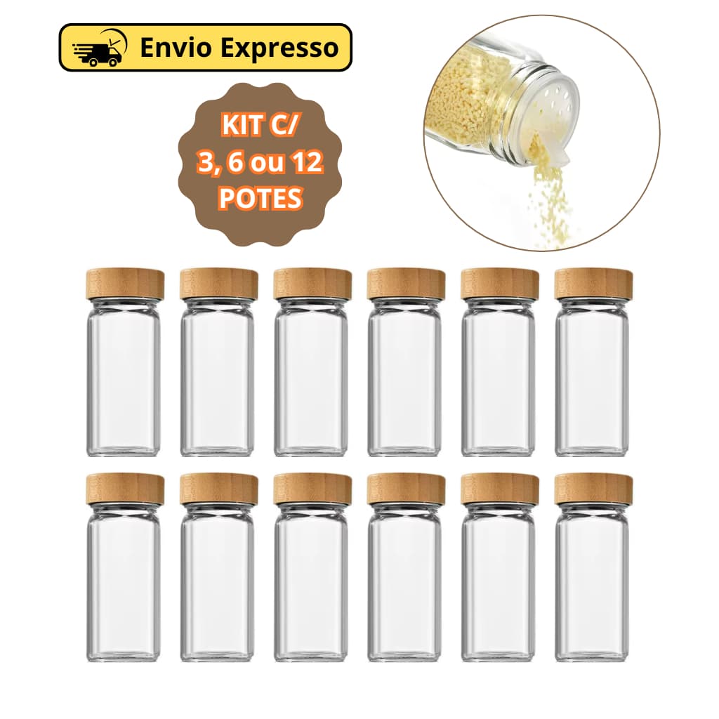 Kit Porta Tempero De Vidro Tampa De Bambu 120ml Com Dosador Duplo