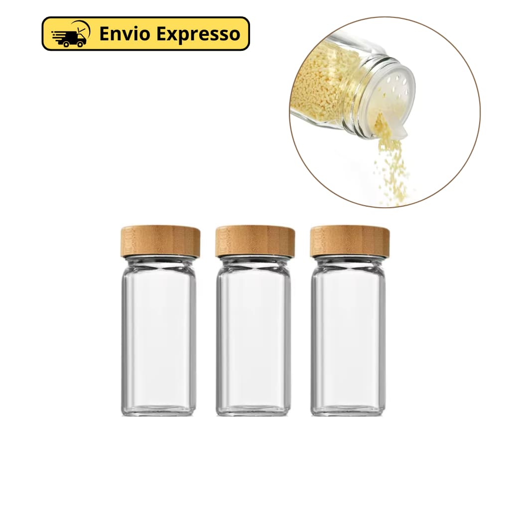 Kit 3 Porta Tempero De Vidro Tampa De Bambu 120ml Com Dosador Duplo