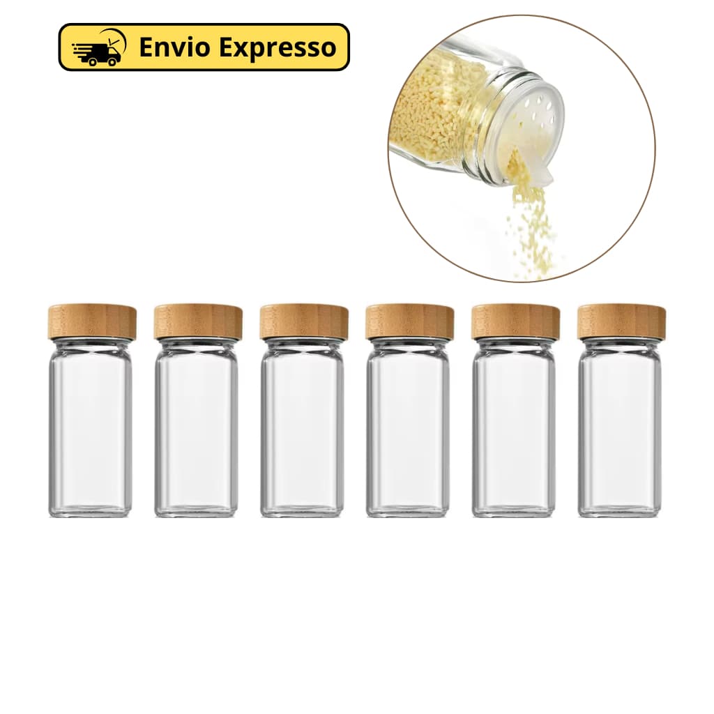 Kit 6 Porta Tempero De Vidro Tampa De Bambu 120ml Com Dosador Duplo