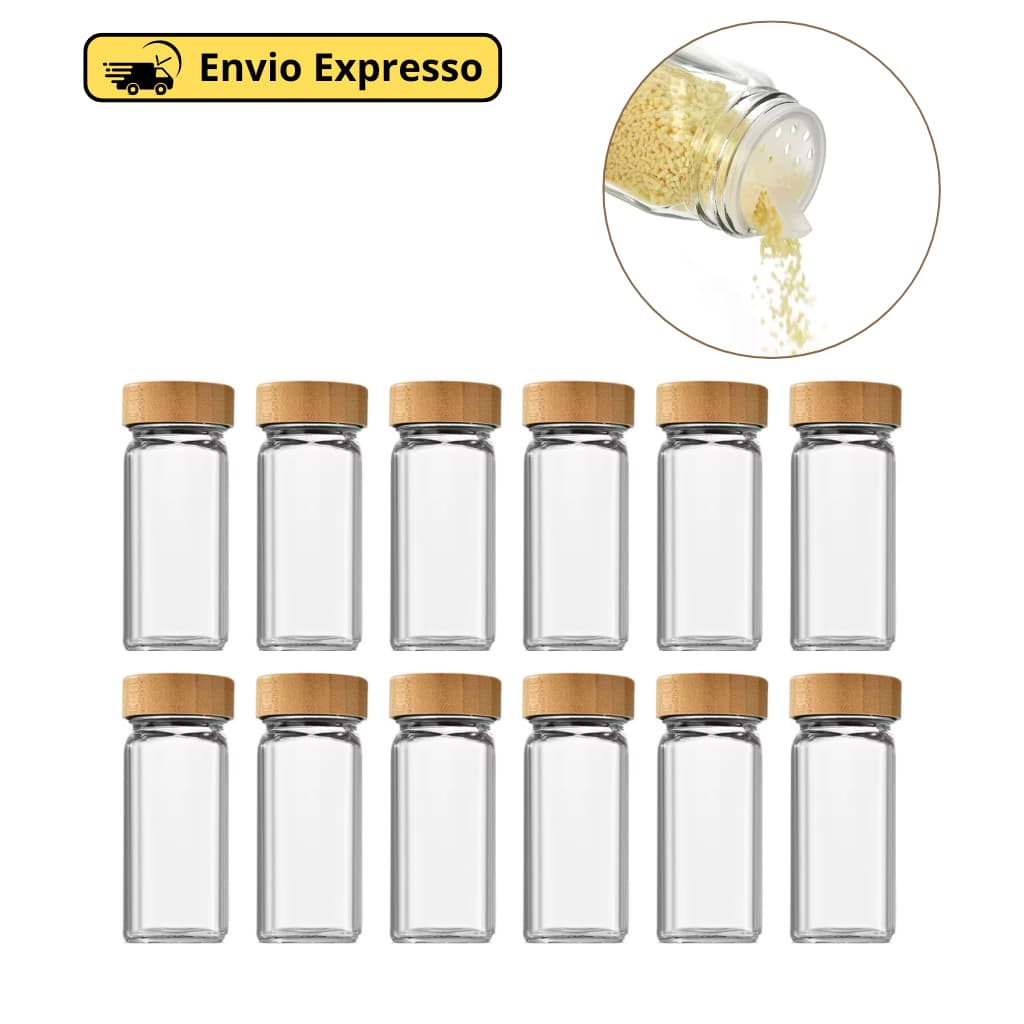 Kit 12 Porta Tempero De Vidro Tampa De Bambu 120ml Com Dosador Duplo