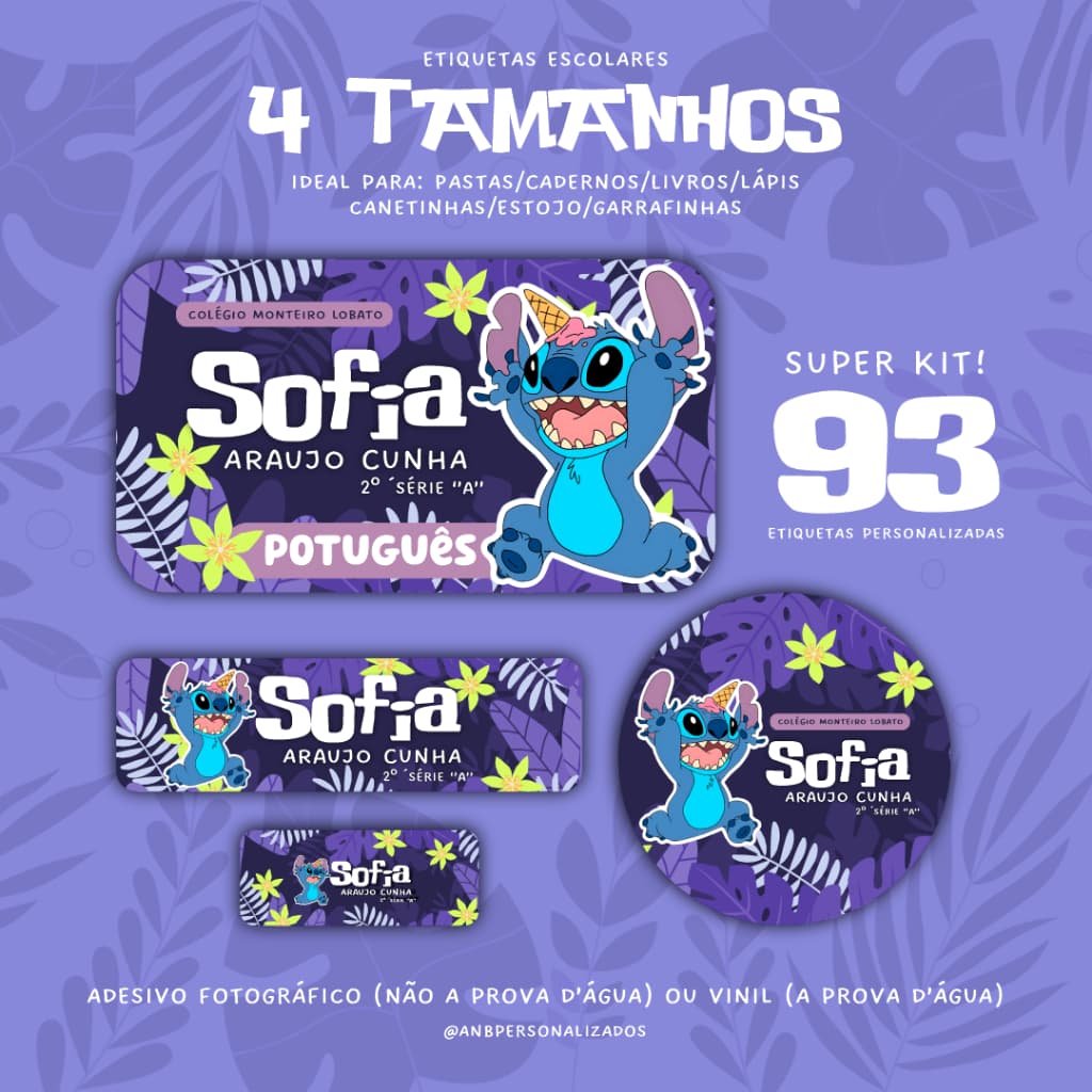 Kit 93 Etiquetas Escolares Personalizadas | Nome + Série | Volta às Aulas | Stich | Personagens Variados