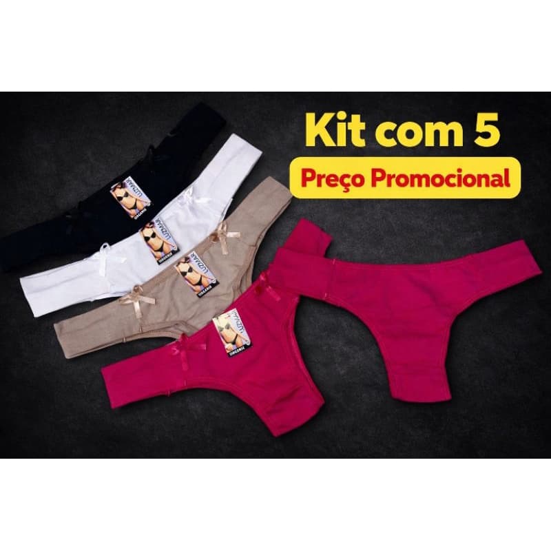 Kit 5 Calcinhas Lacinho Coton Algodão M,Cores Sortidas