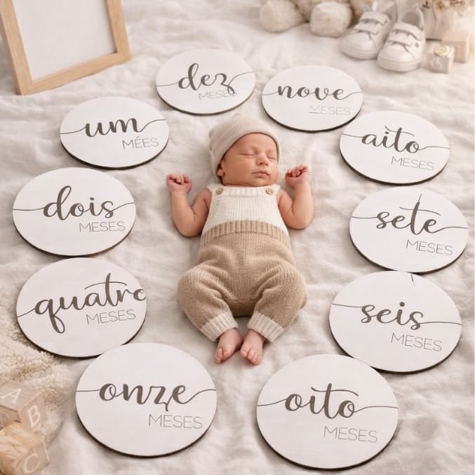 Kit 12 Plaquinhas Mêsversário Bebê em MDF – Aniversário Mensal para Fotos e Decoração