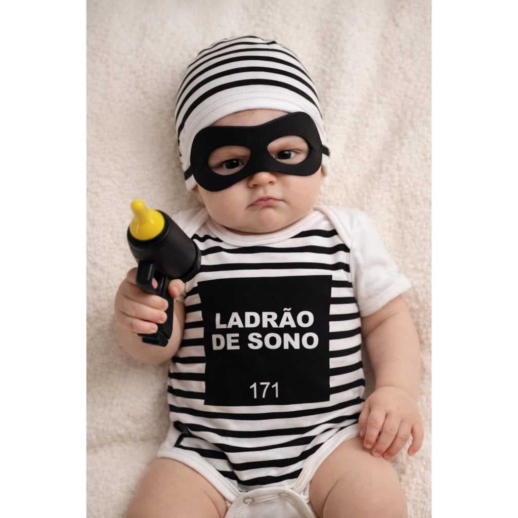 Body Ladrão de Sono Bebê com Máscara + Touca + Pistobaby 3D | Fantasia Infantil Mesversário