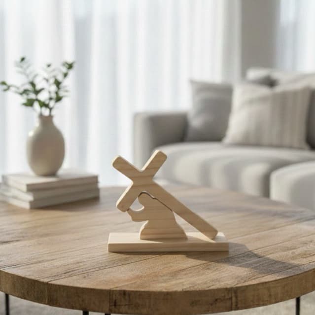 Jesus carregando a cruz páscoa cristã escultura madeira bíblica decoração minimalista