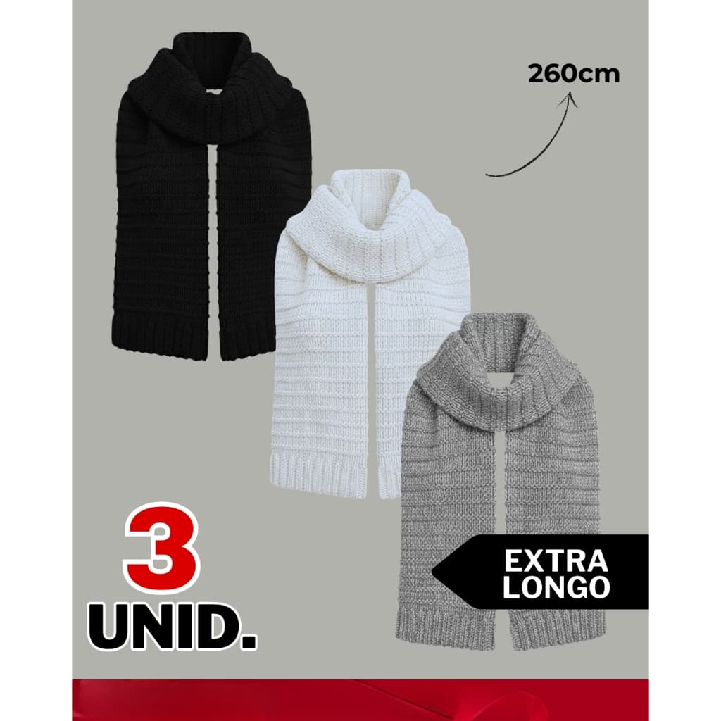 Kit 3 Peças Cachecol Tricot Unissex Inverno