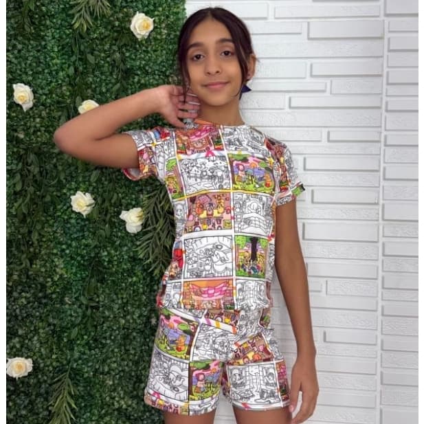PIjama Para Colorir Camisa + Shortinho Moda Infantil Para Dormir Conforto Kids Menina e Menino