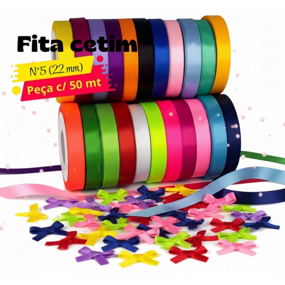 Fita de Cetim Lisa Nº5 22mm - Rolo com 50 metros 100% em Poliéster para Laços, Artesanato, Presentes – Diversas Cores