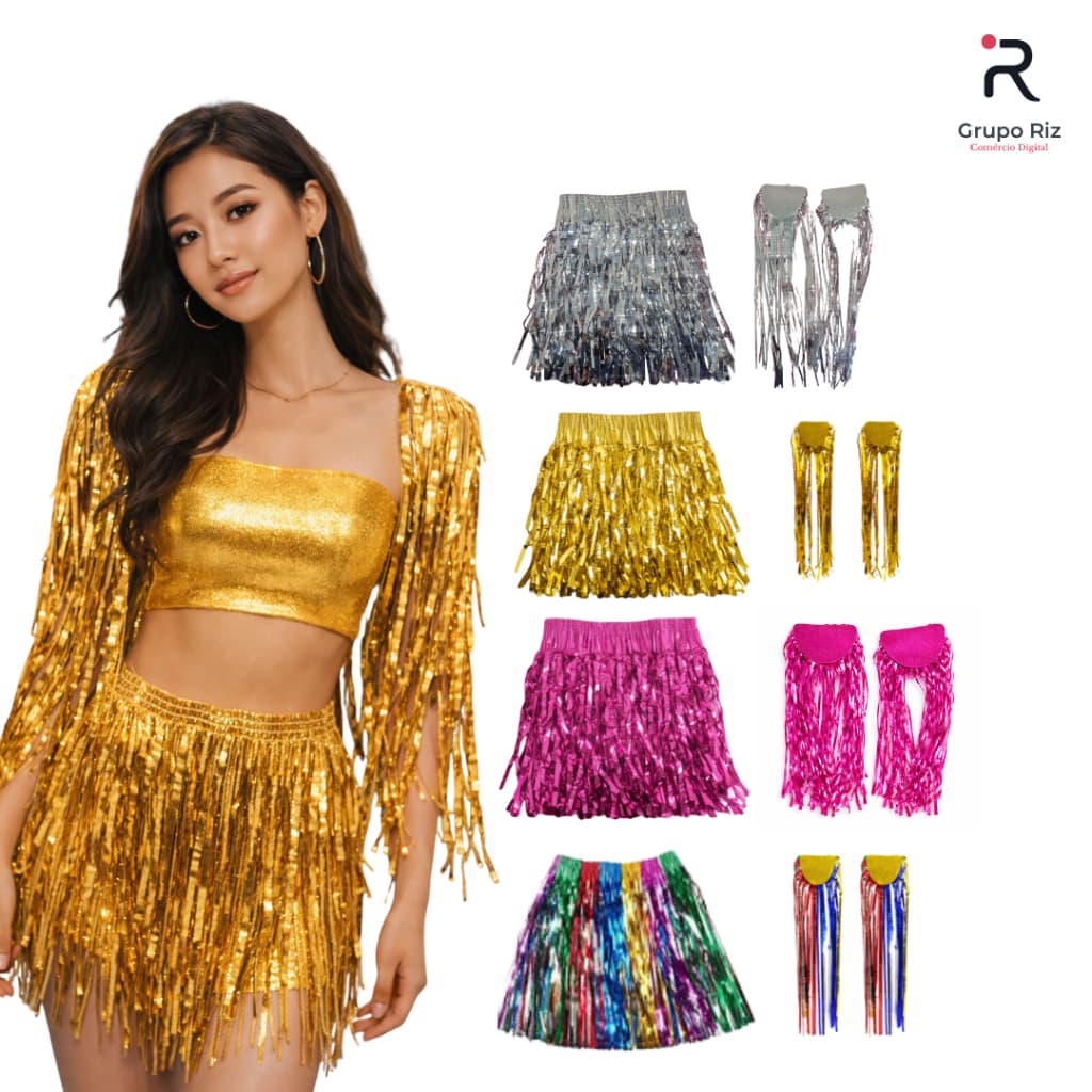 Kit Fantasia Carnaval Saia de Fitilhos + Ombreira Glitter ou Floral