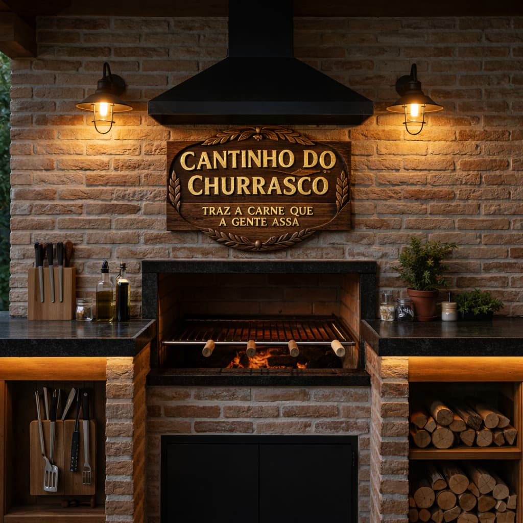 Placa Decorativa Cantinho do Churrasco em MDF Alto Brilho Estampa Direta, Área Gourmet, Decoração