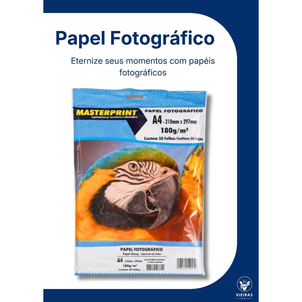 Papel Fotográfico 180g A4 Glossy 50 Folhas Brilhante à Prova D'água MASTERPRINT NEUTRO