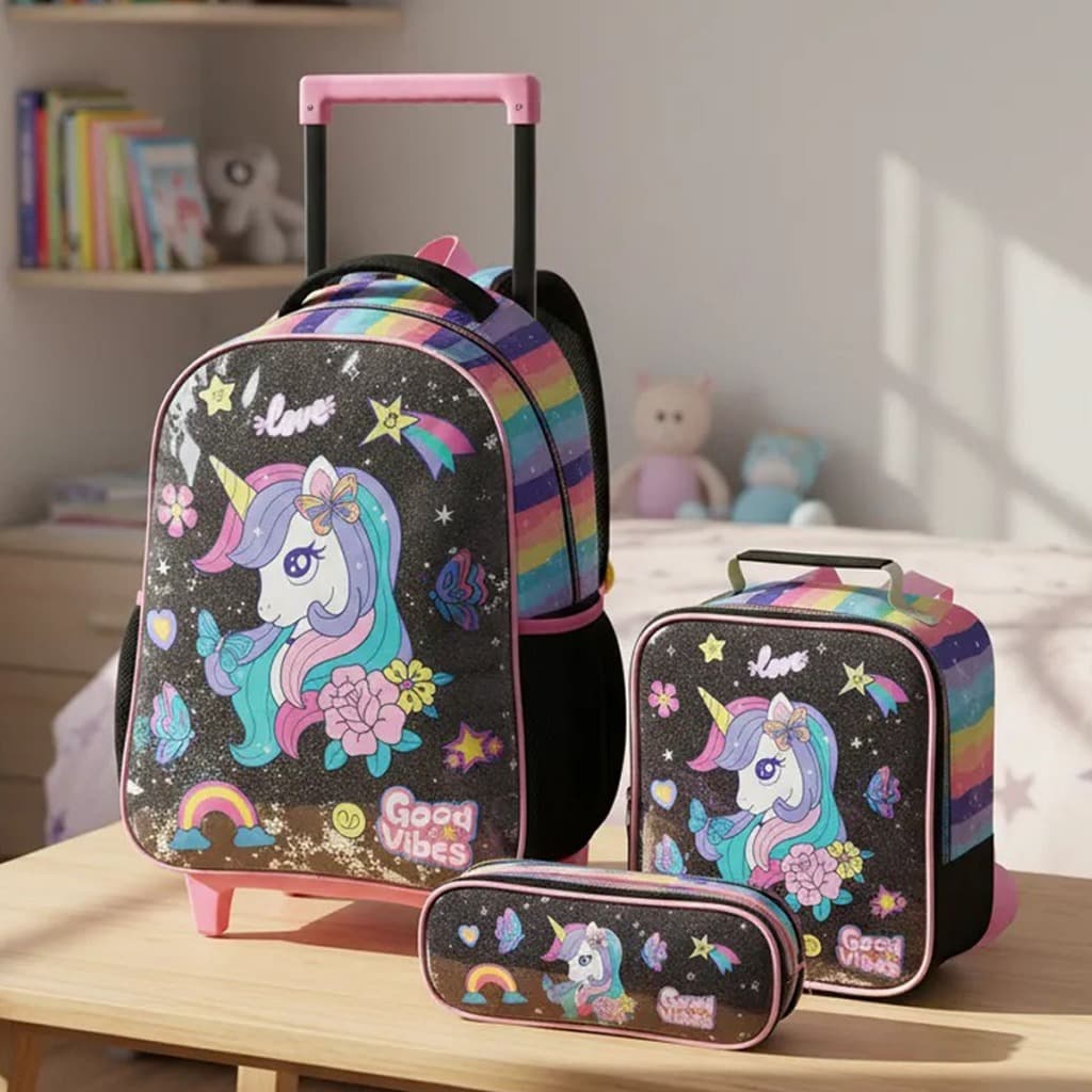 Kit Mochila com Rodinha Unicórnio Boas Vibrações - Kit Completo Mochila + Lancheira + Estojo