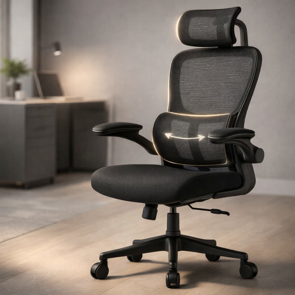 Cadeira Escritorio Ergonomica Giratoria Apoio Lombar e Encosto de Cabeça Estofado Mesh