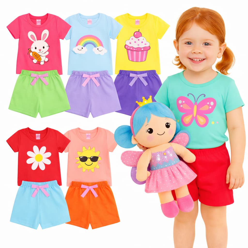 Kit  6 Peças de Roupas Infantil Juvenil Menina- Kit com 3 Conjuntos SORTIDOS - (3 Camisetas + 3 Shorts = 6 peças)