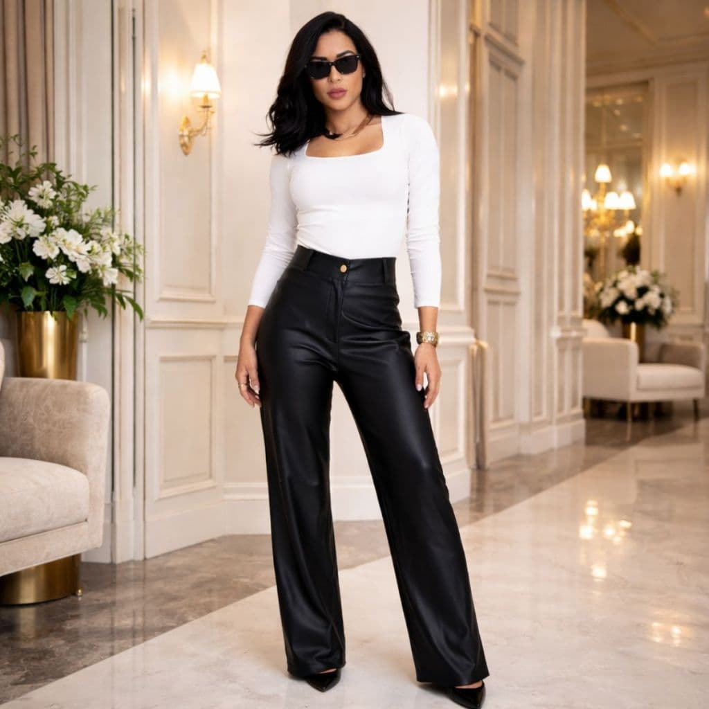 Calça Feminina Couro PU Resistente Pantalona Cintura Alta Wide Leg Moda Inverno Entrega Rápida