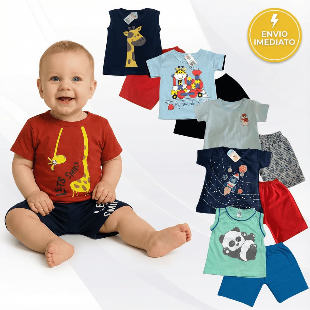 Kit 10 Peças de Roupas Menino Conjunto Infantil Verão 5 Camisas + 5 Bermudas Algodão Bebê