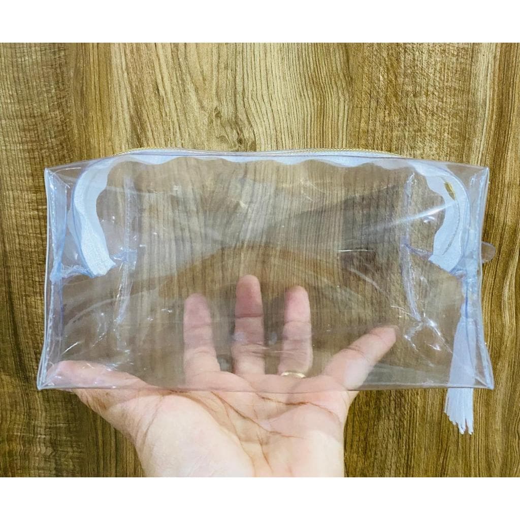 Necessaire cristal transparente Box(G) Noivinha, zíper branco com dourado e pingente incluso/noiva/entrega/imediata/kit