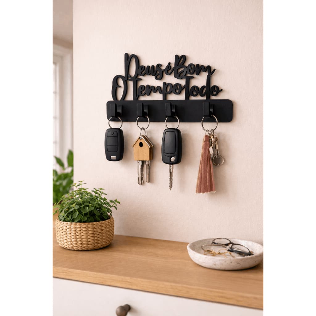 Porta Chaves de Parede Decorativo Multiuso em MDF 3mm Preto Deus é Bom o Tempo Todo Envio Imediato