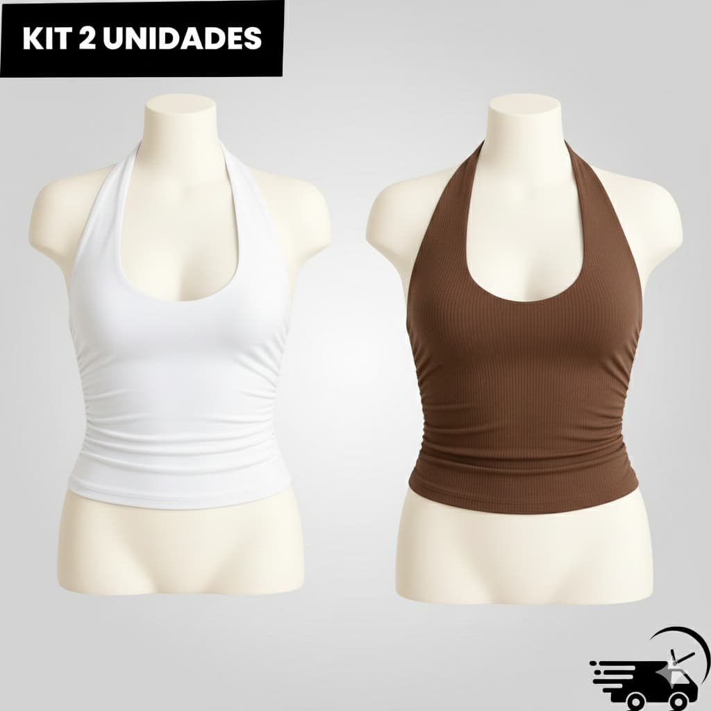 Kit com 2 Cropped Feminino Costa Nua Frente Única Franzido Ajustado ao Corpo