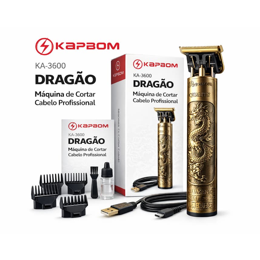 Máquina de Cortar Cabelo Profissional Kapbom Dragão KA-3600 Sem Fio Recarregável