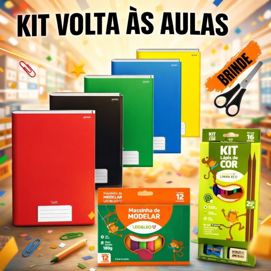 Kit 5 Cadernos Brochura Capa Dura  + 1 Massinha 180g+ 1 Caixa de Lápis de Cor 16 Peças Leonora