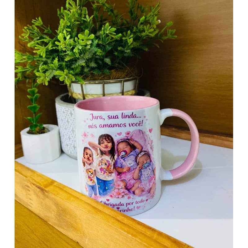 Caneca personalizada  com foto alça rosa / fundo rosa
