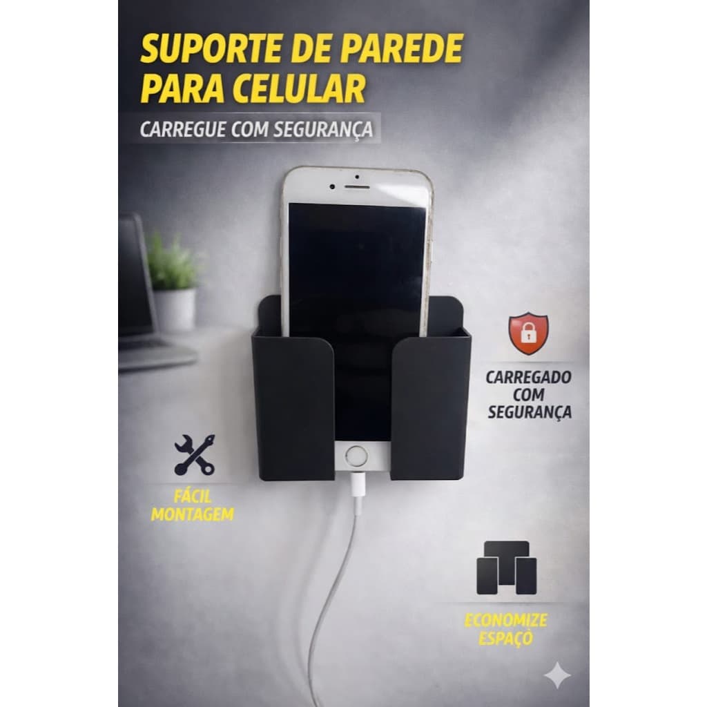 Suporte de Parede Para Celular Carregamento Prático e Seguro Acompanha Dupla Face