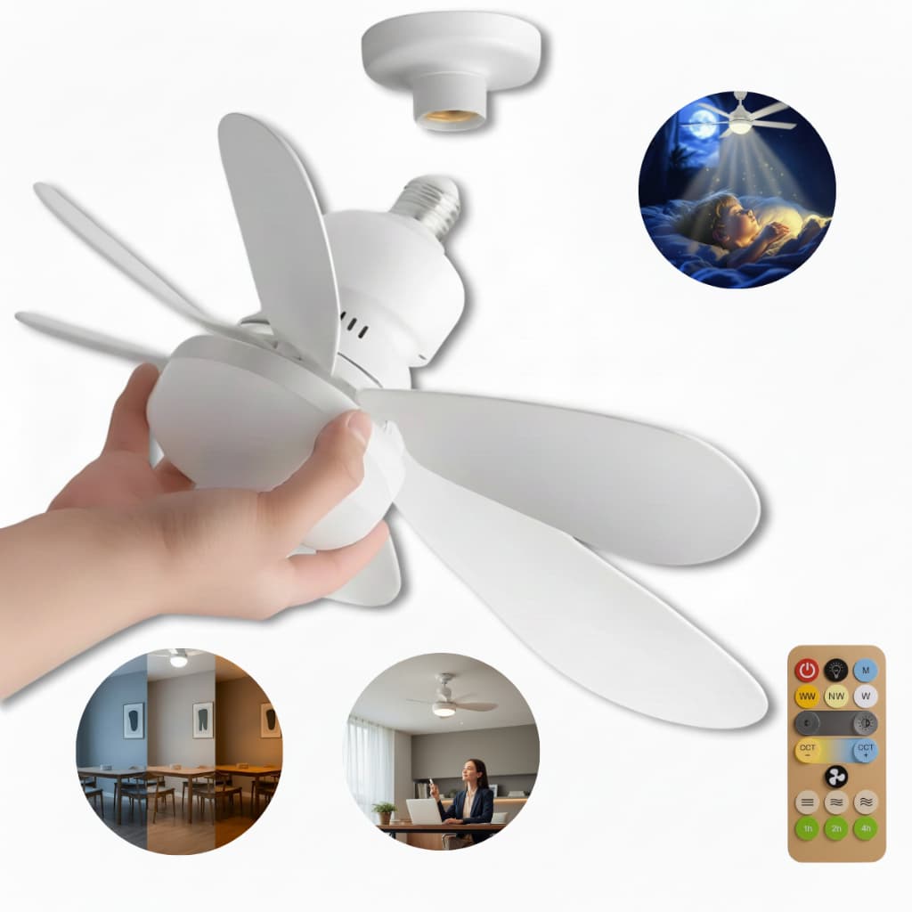 Ventilador com Controle Remoto de Teto Lâmpada LED 60W E27 Bivolt 110V-220V  Economica Silencioso