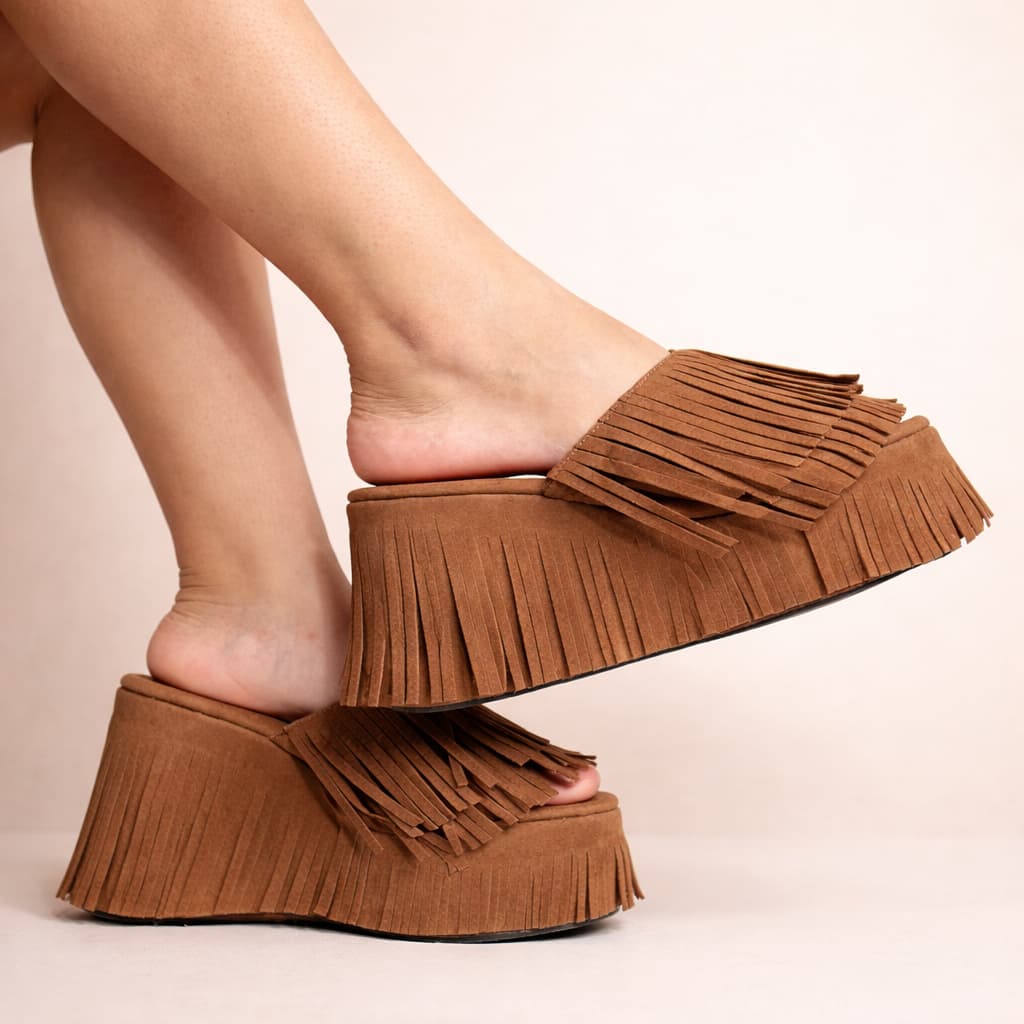 Sandalia Tamanco Franja Boho Chic Anabela Plataforma Hashem