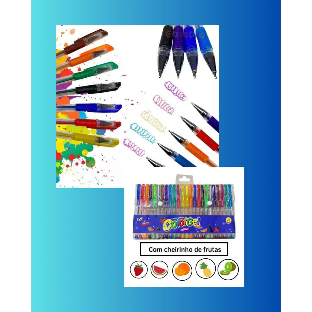 Kit com 12/24/36/48 Cores Caneta Gel ColorGel Tinta Glitter Pastel Neon Metal Escolar
