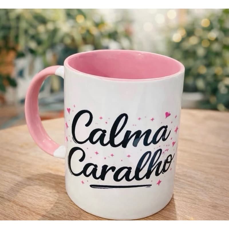 Caneca personalizadaCalma c” alça e fundo rosa 325ml