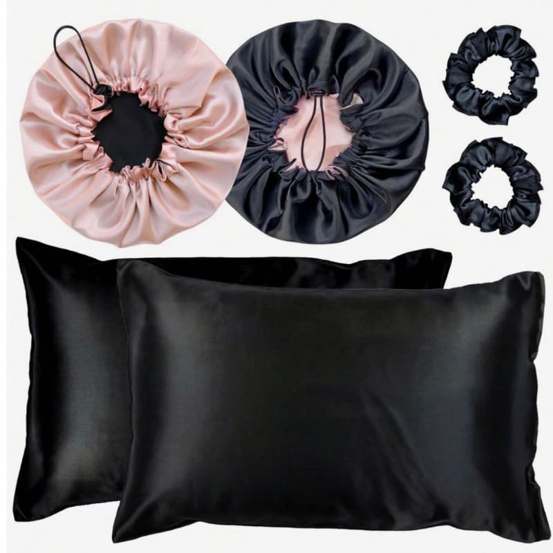 Kit 02 Fronhas de Cetim Antifrizz 40x70 cm + 1 Toucas Dupla Face Grande + 1 Xuxinha (Scrunchie)