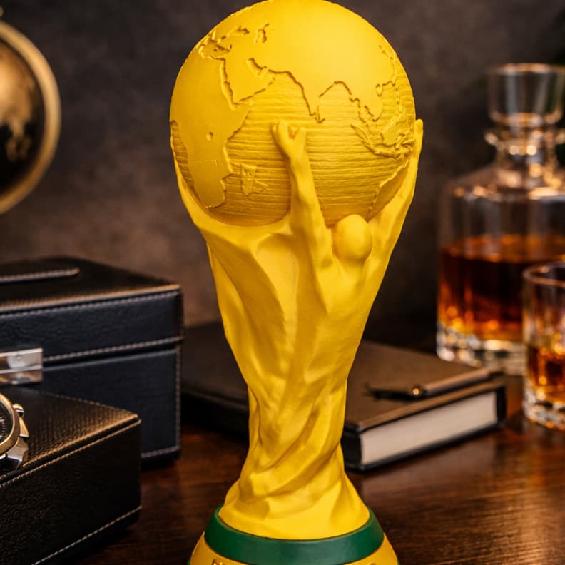 Taça Copa do Mundo Decorativa Amarelo verde Troféu Futebol Enfeite Estante Escritório Presente Masculino cup world fifa