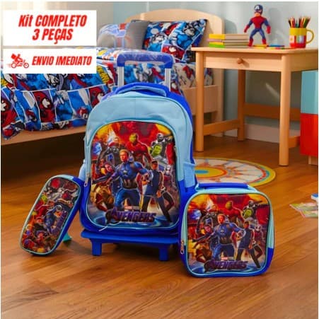 Conjunto Escolar Mochila Avengers + Lancheira + Estojo Azul