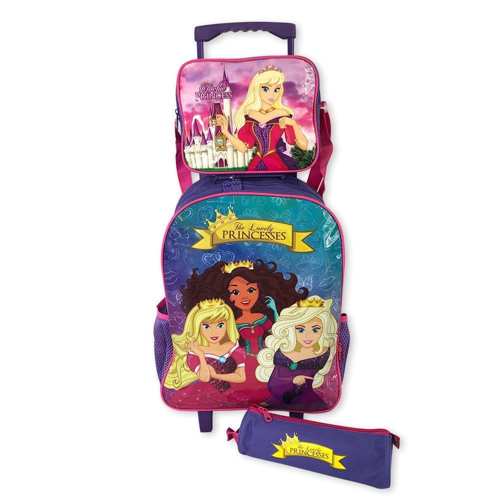Mochila de rodinhas com lancheira térmica estojo Infantil Princesas Roxa Escolar Princesa kit 3 peça