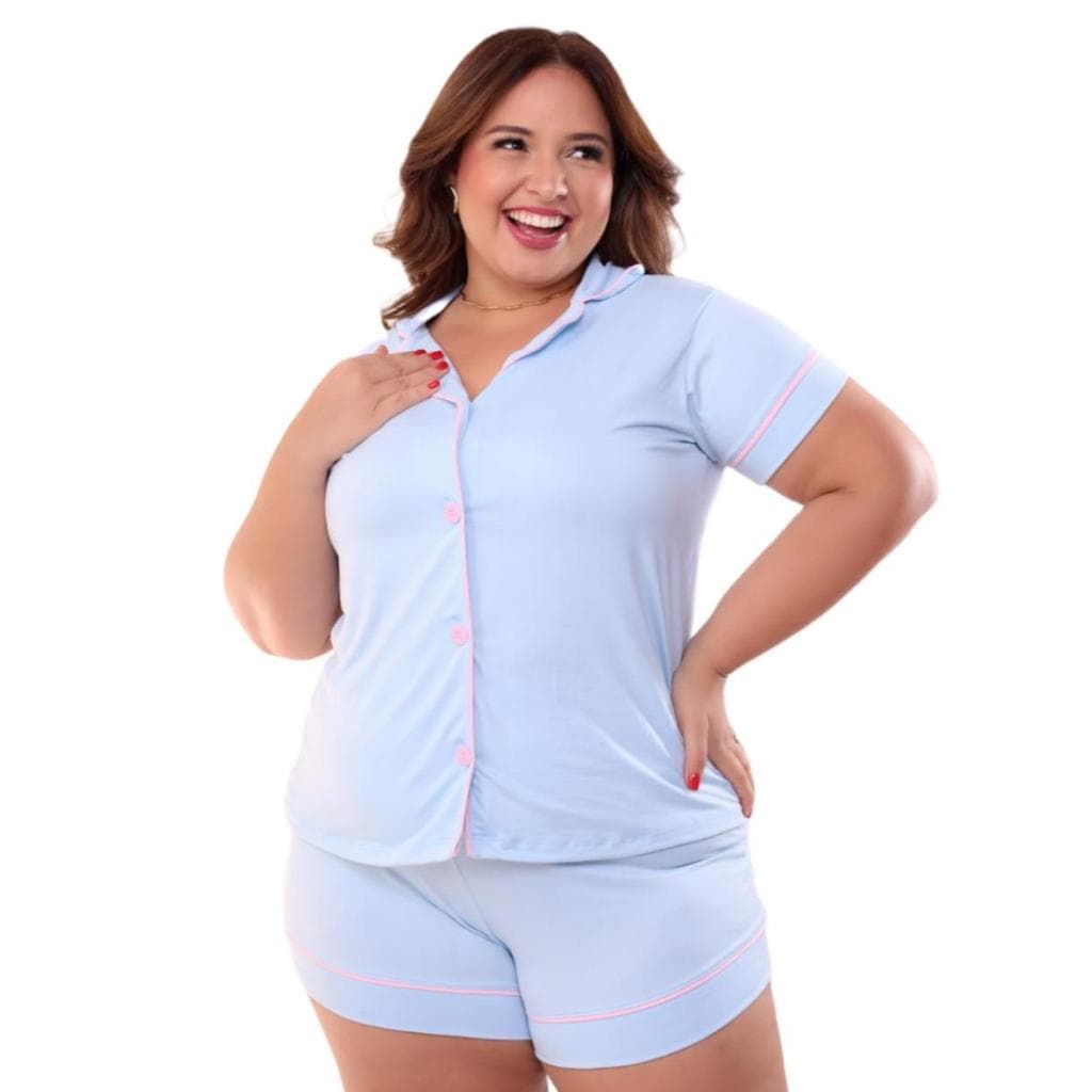 Pijama Feminino Plus Size Americano Manga Curta Abertura Frontal Botões Short Curto LF064