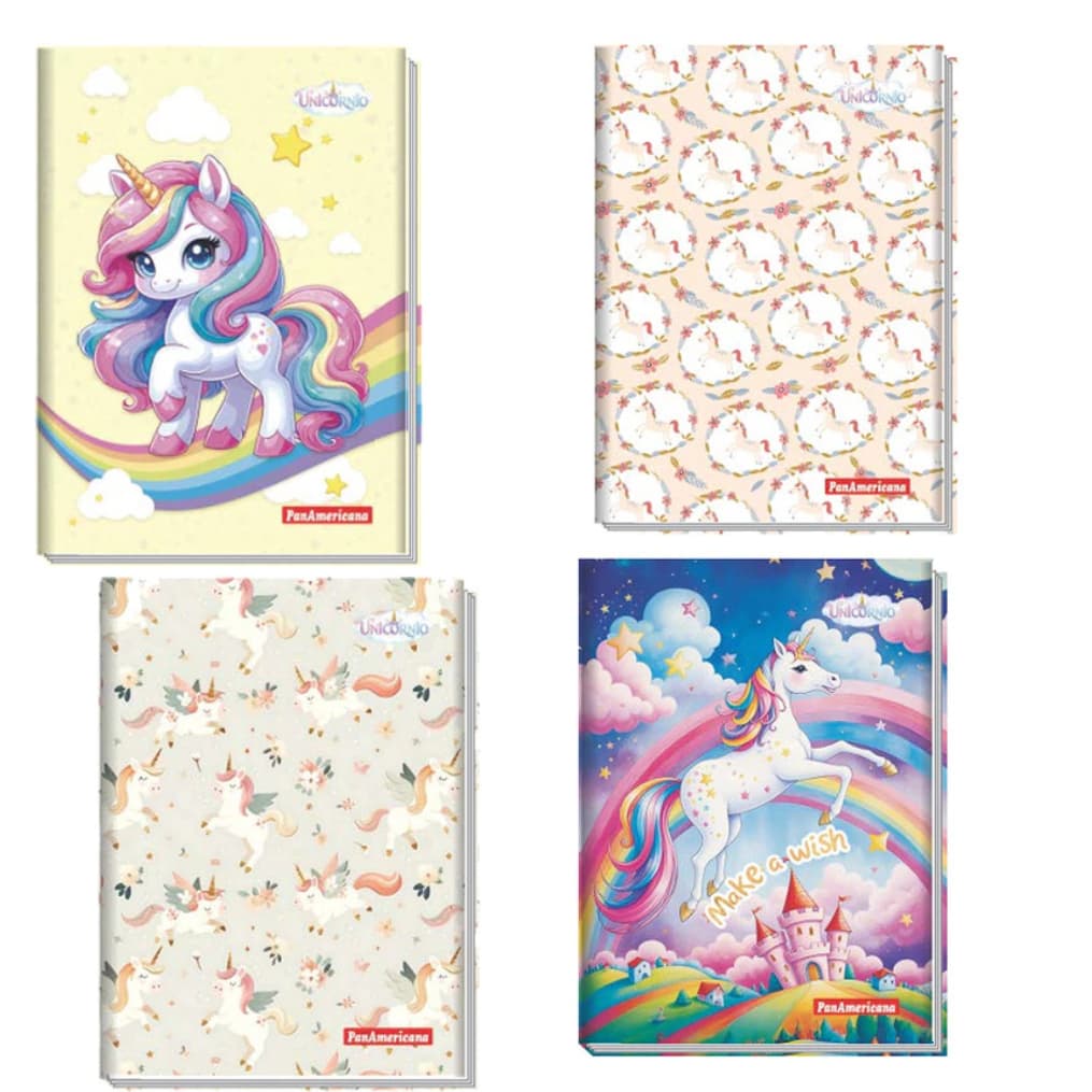 Kit 5 Cadernos Brochura Costurado Capa Dura 80 Fls Unicornio Panamericana