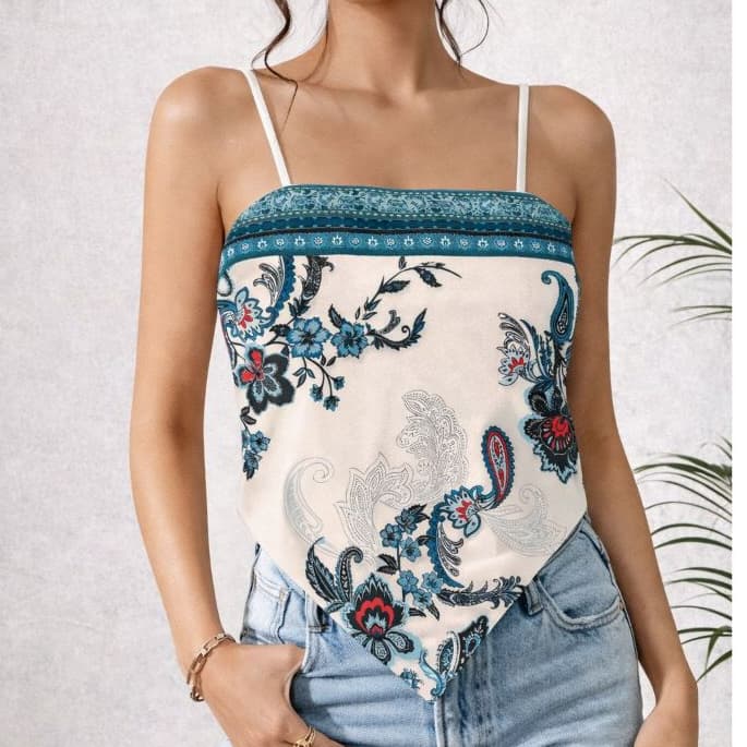 Blusa Lenço Amarração  Feminina Elegante Estampada Azul Floral Tropical–Alças Regulavel blackfriday*