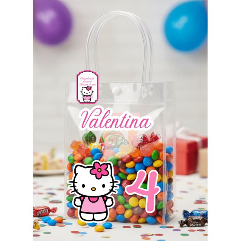 Kit de Adesivos para Sacolinha Transparente  Hello Kitty Rosa| NAO ACOMPANHA SACOLA Adesivos + Tag | Festa Infantil