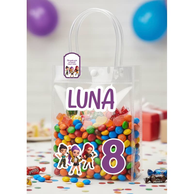 Kit de Adesivos Personalizado para Sacolinha Transparente Guerreiras do K Pop -| Adesivos + Tag | Festa Infantil