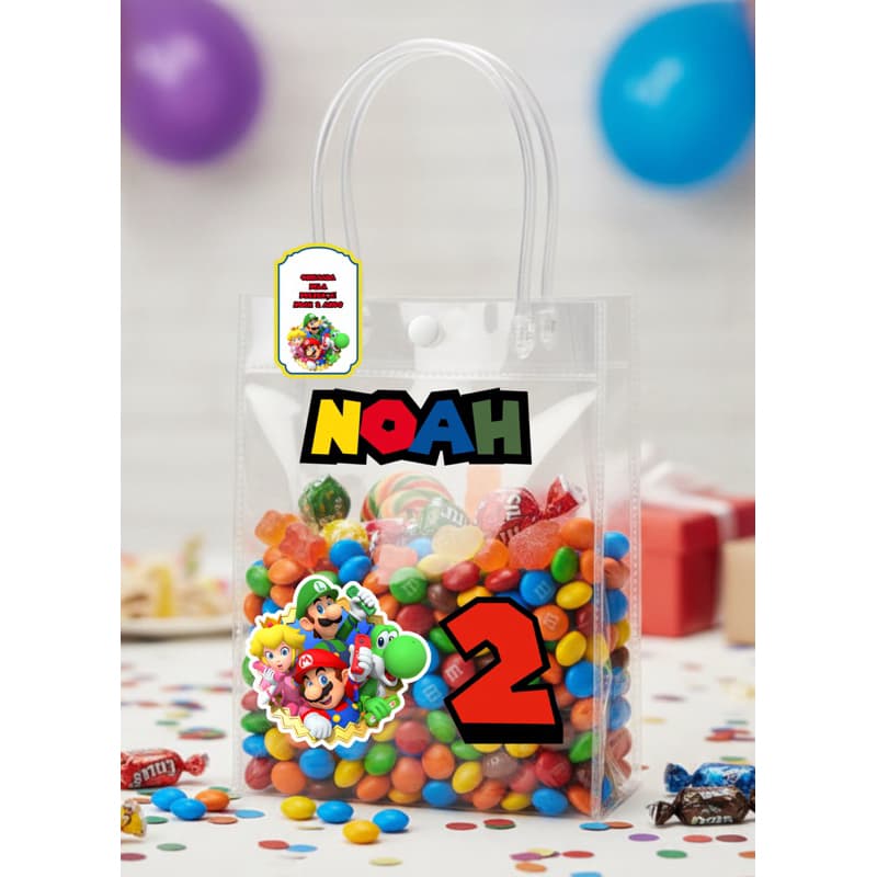 Kit  de Adesivos Personalizado para Sacolinha Transparente Super Mário | Adesivos + Tag | Festa Infantil