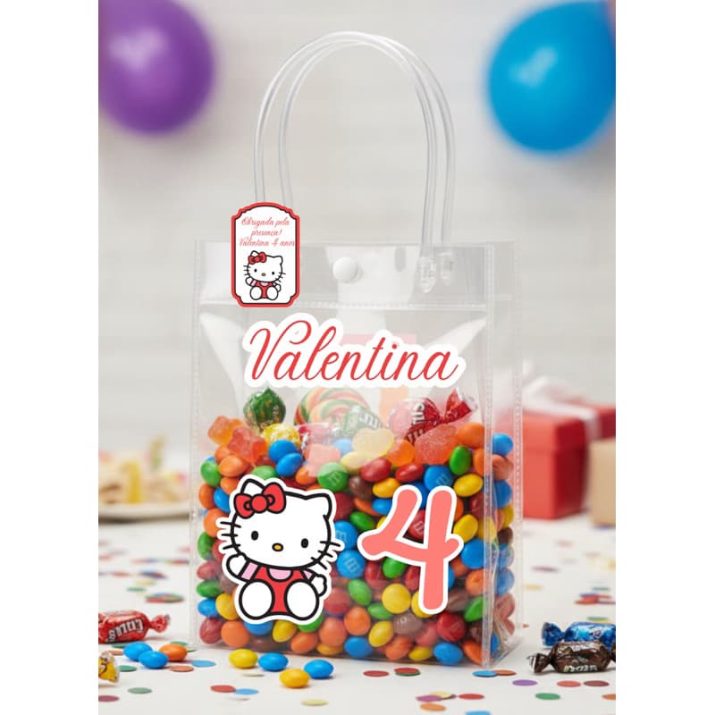 Kit de Adesivos Personalizado para Sacolinha Transparente Hello Kitty Vermelha| Adesivos + Tag | Festa Infantil
