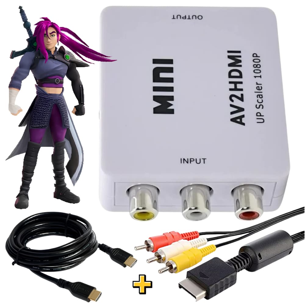 Kit Adaptador Conversor AV RCA para HDMI + Cabo HDMI 1,8m e Cabo RCA | Ideal para PS1 PS2 PS3