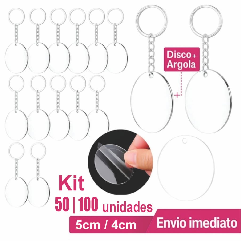 Kit 100 / 50 Discos Acrílico 5cm ou 4cm com Furo 3mm + Argolas de Chaveiro para Personalizar