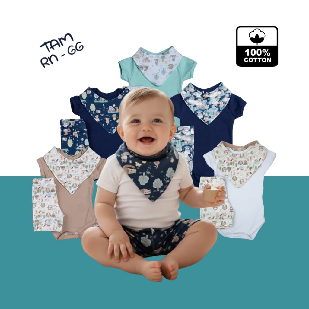Kit 6 Peças Conjunto Estampado Bebê Babador Body Shorts Algodão Antialérgico