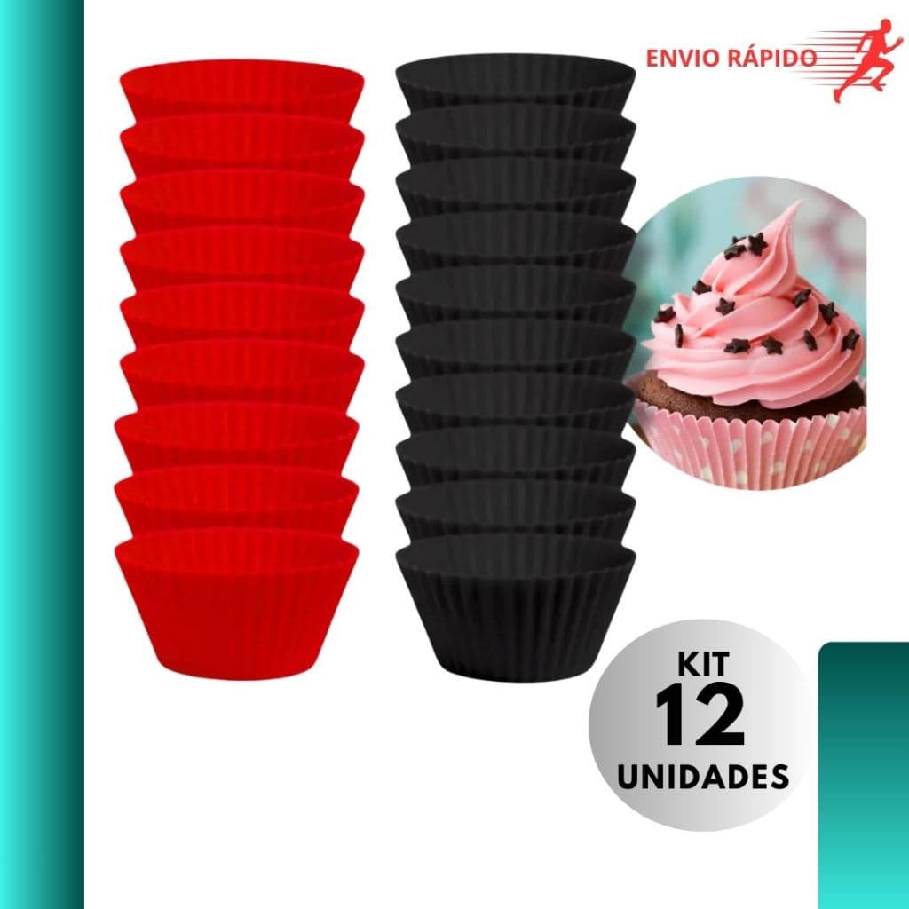 Kit 12 Forminhas de Silicone Reutilizáveis para Cupcake Muffin Antiaderente Forno e Airfryer